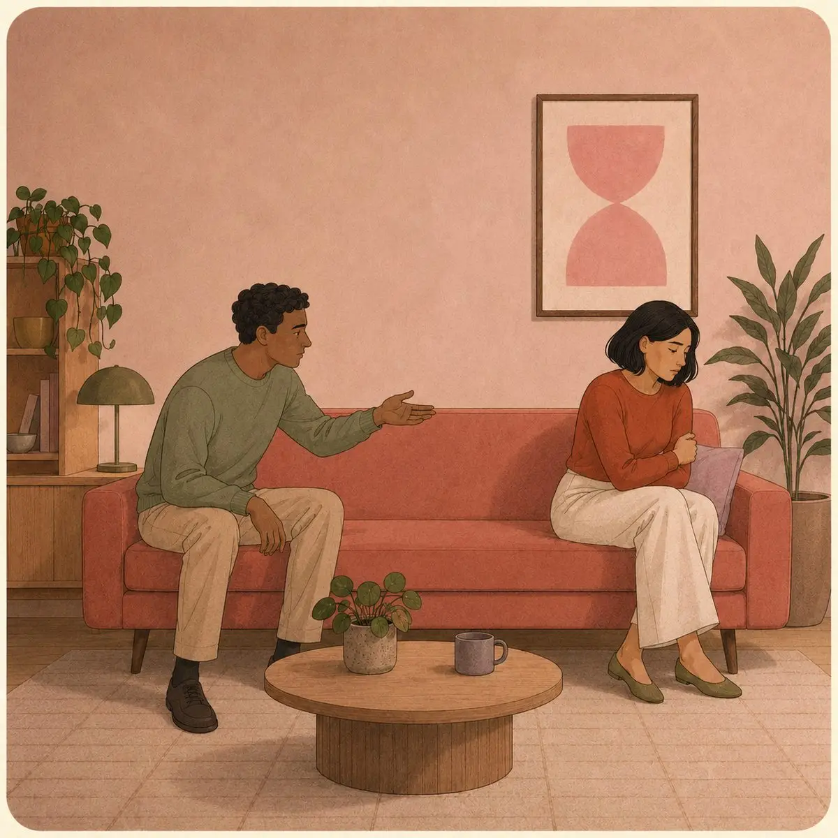 Why Couples Stop Talking: Conflict, ADHD & Silence Illustration of a couple on a sofa, he leans across the gap reaching out, she sits turned away with arms drawn in