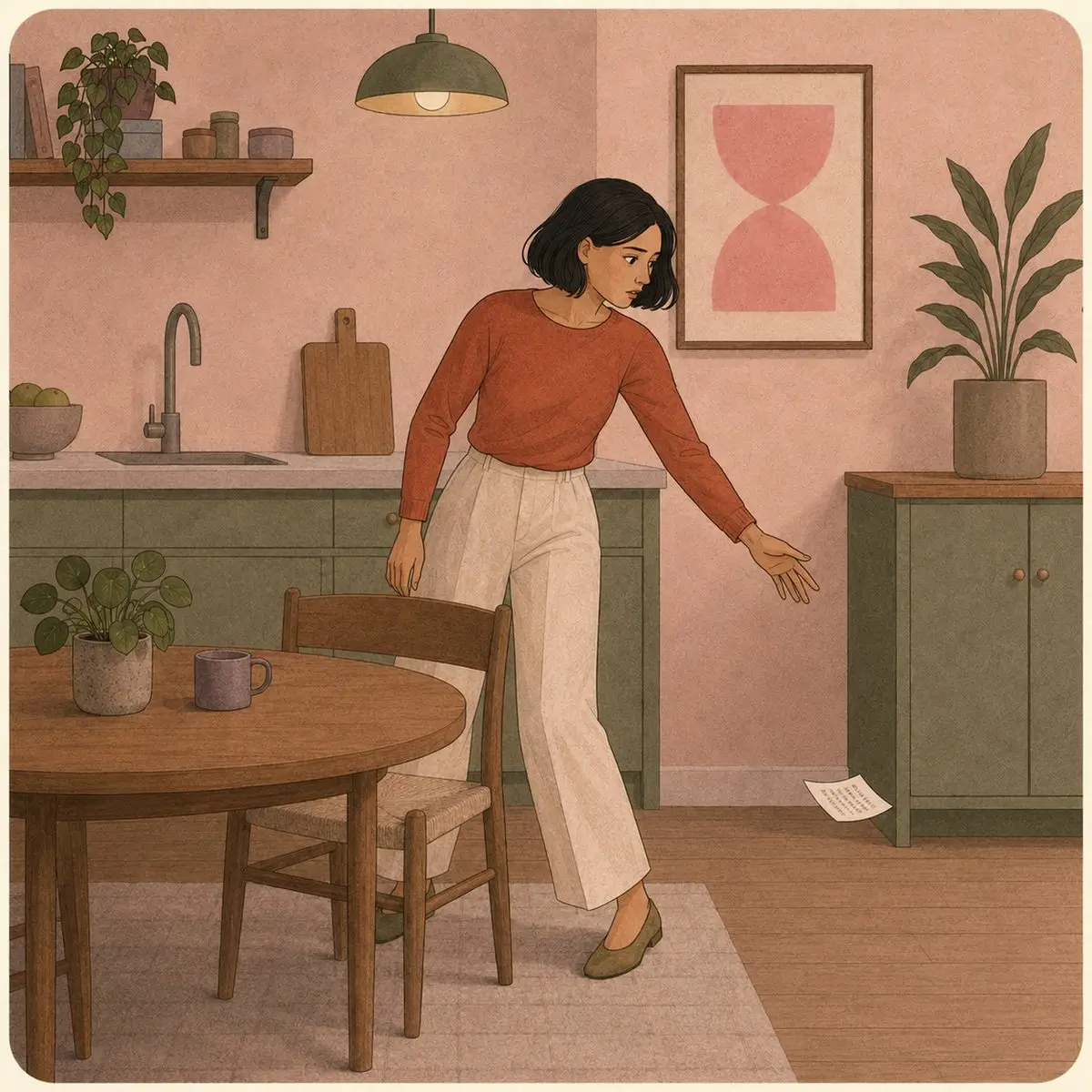 Why Couples Stop Talking: Conflict, ADHD & Silence Illustration of a woman in a kitchen reaching a moment too late for a small paper note slipping off the edge of the table