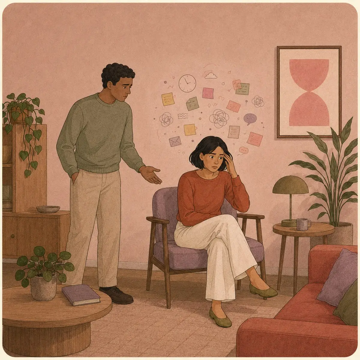 Why Couples Stop Talking: Conflict, ADHD & Silence Illustration of a woman sitting very still, hand to her temple, surrounded by a swirl of sticky notes and fragmented thoughts, her partner standing nearby looking puzzled