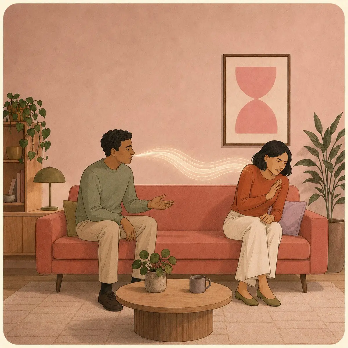 Why Couples Stop Talking: Conflict, ADHD & Silence Illustration of a man speaking gently, his words shown as a ripple of light reaching the woman, who flinches as if struck with a hand to her chest