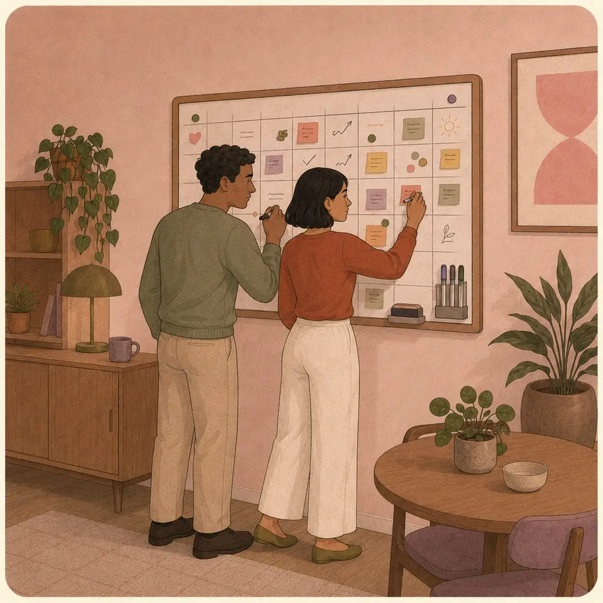 Why Couples Stop Talking: Conflict, ADHD & Silence Illustration of the couple standing side by side at a large wall calendar covered in colourful notes, both adding to it together
