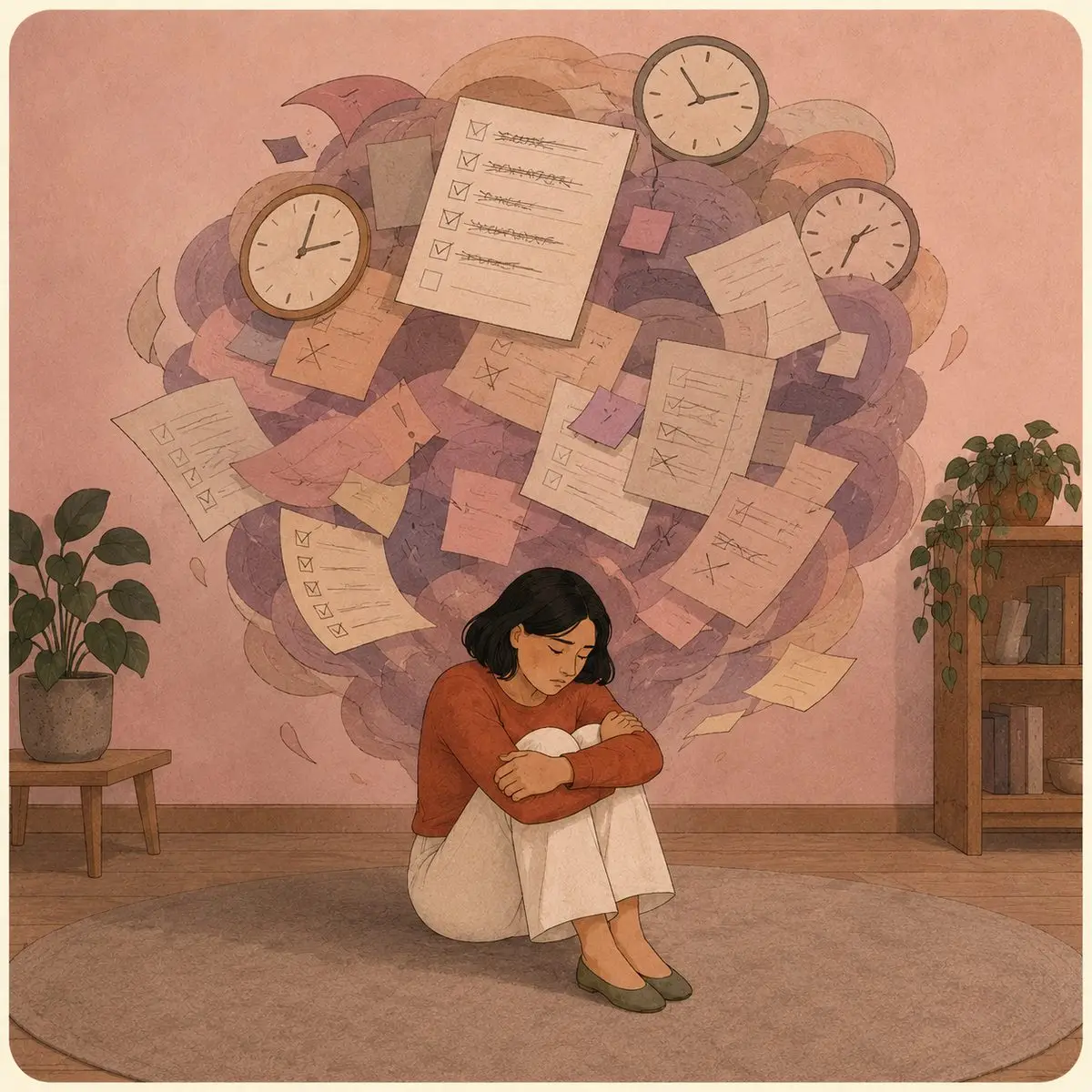 Why Couples Stop Talking: Conflict, ADHD & Silence Illustration of a woman sitting small on the floor with knees drawn up, beneath a looming soft cloud of unfinished lists, crossed-off tasks and clocks