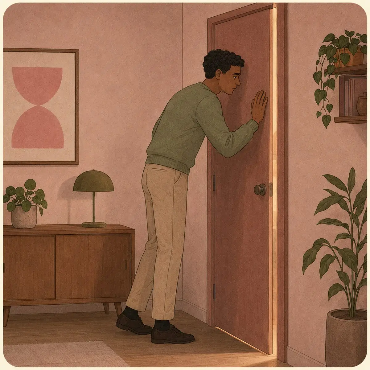 Why Couples Stop Talking: Conflict, ADHD & Silence Illustration of a person standing at an almost-closed door, hand and forehead pressed to it, a thin line of warm light at the gap