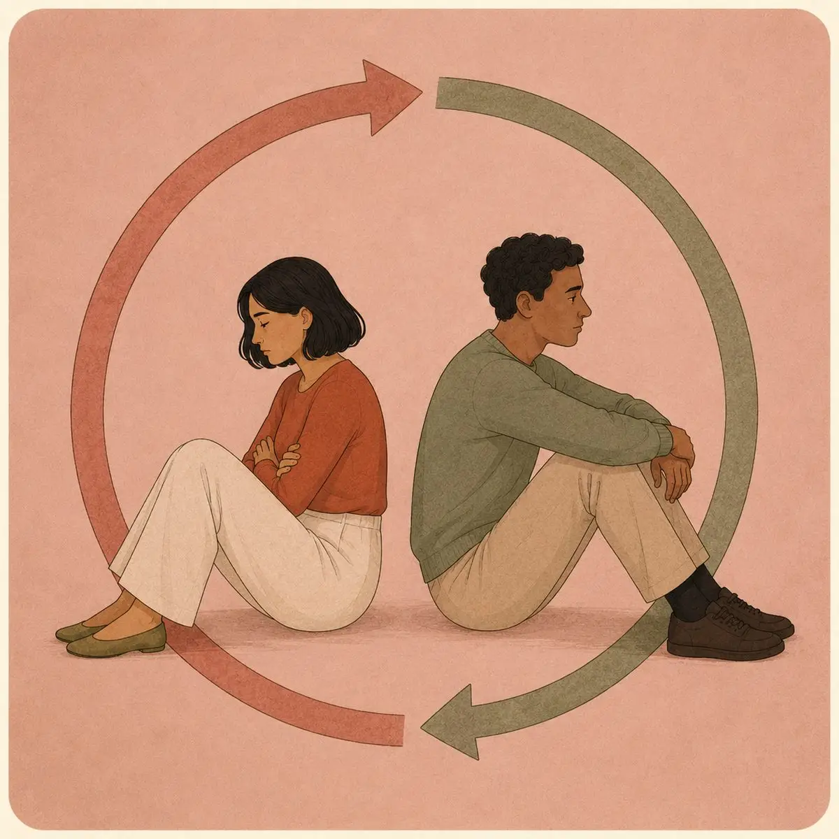 Why Couples Stop Talking: Conflict, ADHD & Silence Illustration of the couple sitting back to back, with a continuous loop of two arrows, one rust and one green, circling around them both